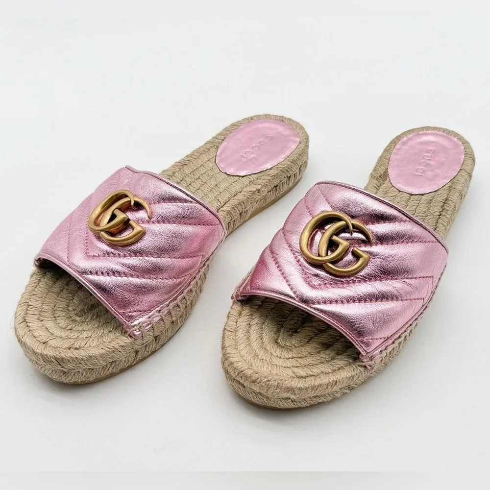 Gucci Pilar GG Marmont Metallic Rosa Leather Espadrille Slide Sandals EU 37 US 7